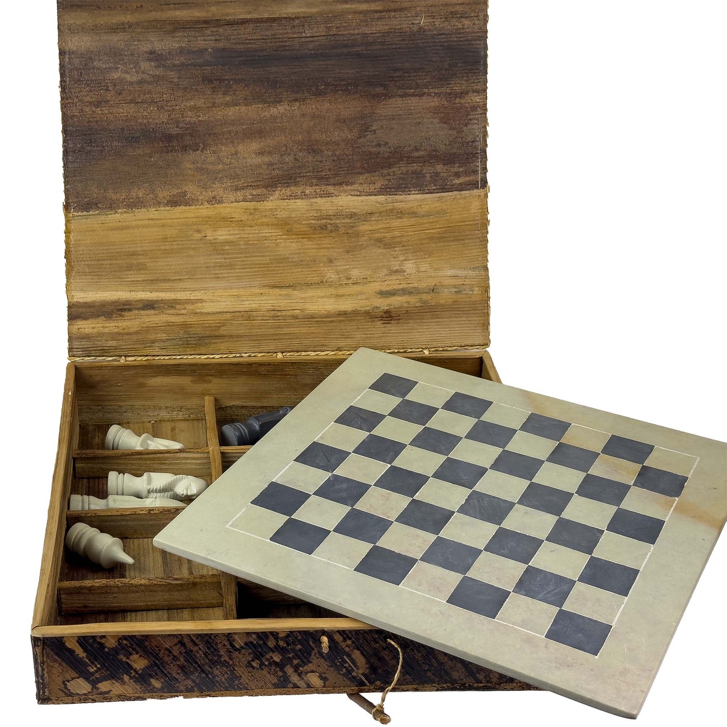 Soapstone Hand-Carved Chess Set w/ Box - African Maasai Tribe Pieces, Grey/Natural