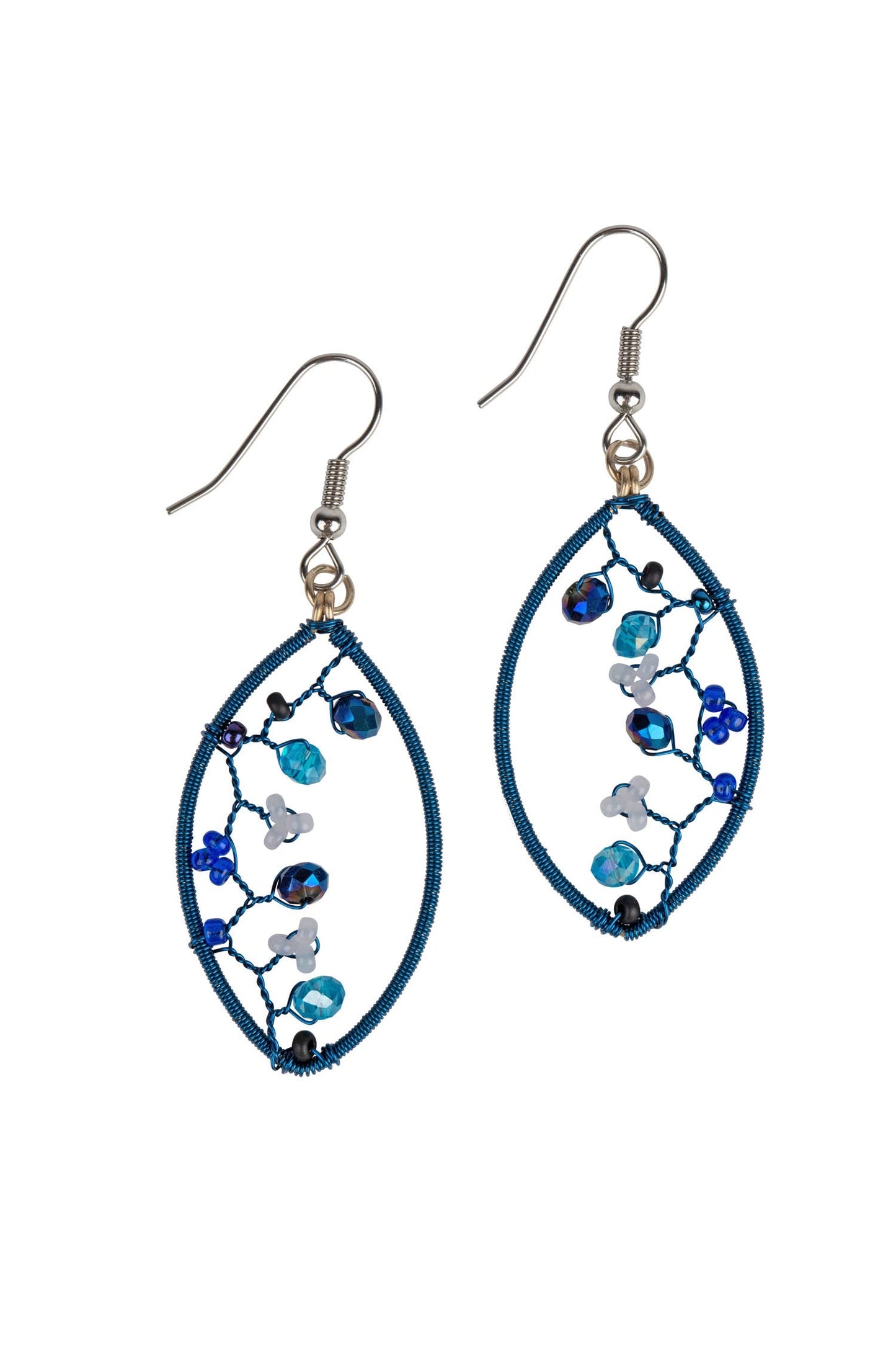 Earrings oval wire wrap/inner beads 2.25L blues
