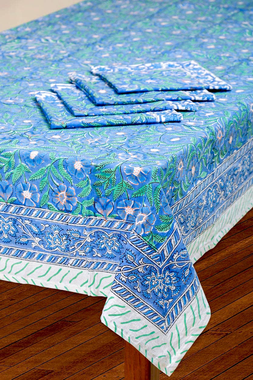 Sage & Blue Block Print Tablecloth 60''x90''
