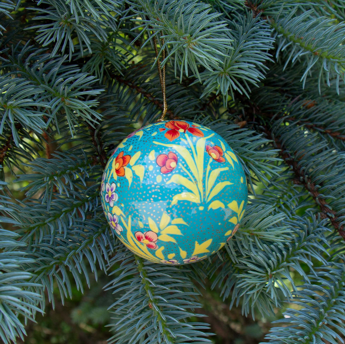 Handpainted Ornament - Teal w/ Peony Flowers