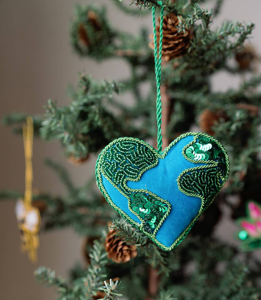 Larissa Plush Heart Earth Beaded Felt Ornament