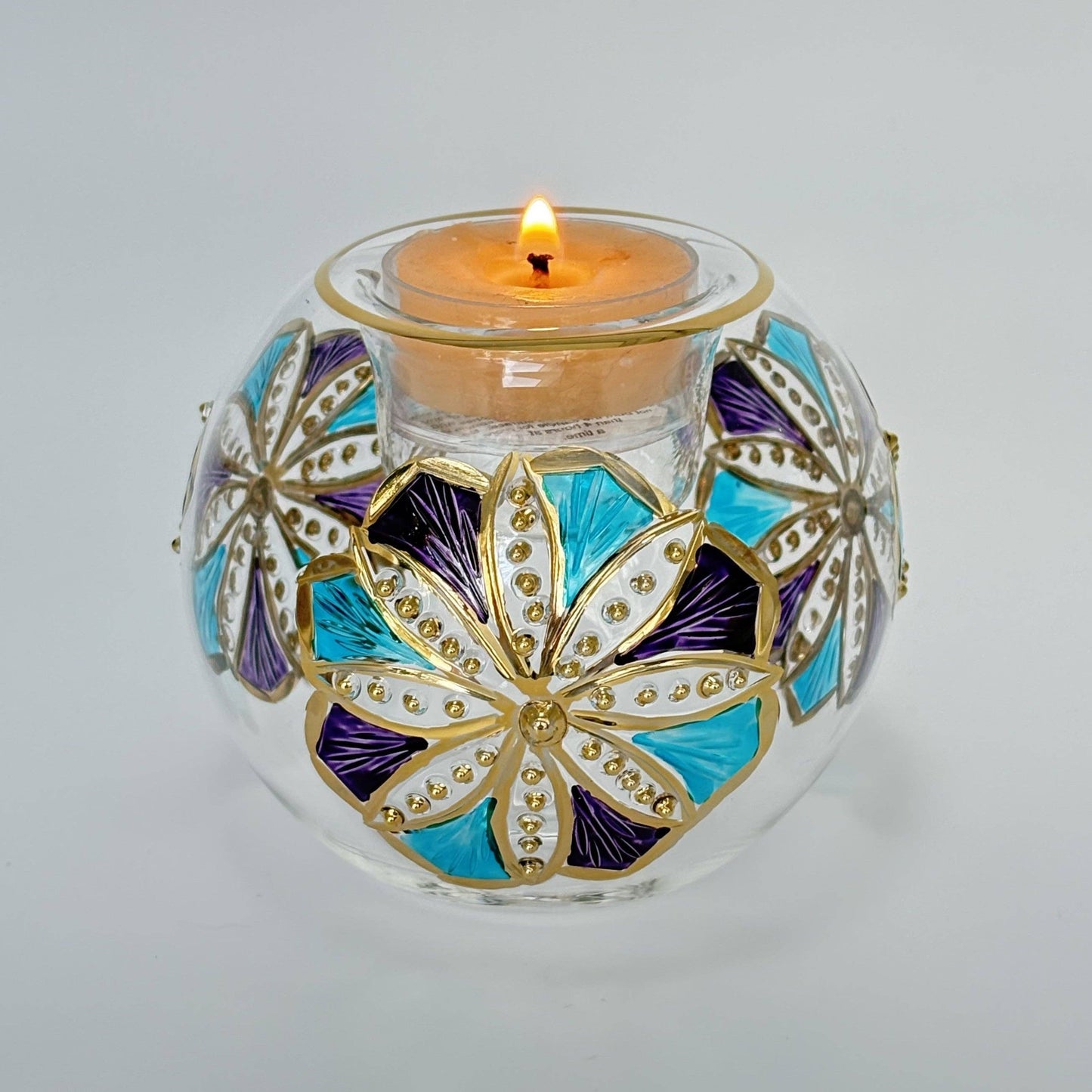 Blown Glass Candleholder - Mauve/Turquoise Flower