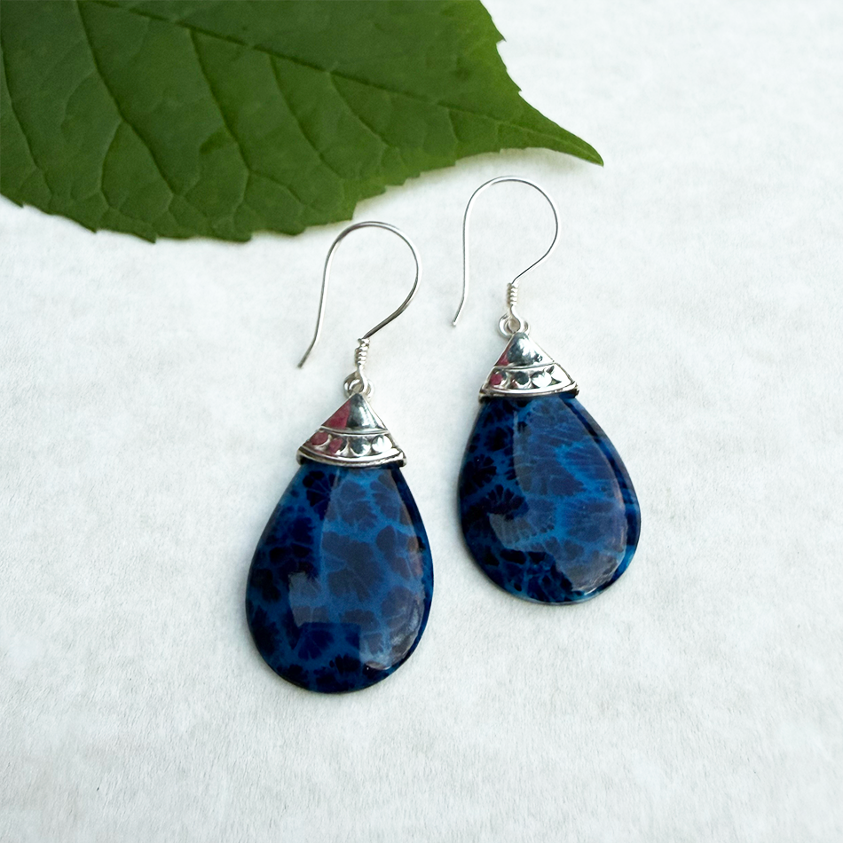 Blue Coral Teardrop Earrings - Sterling Silver