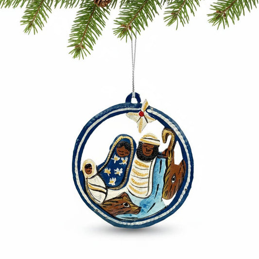 Upcycled Metal Nativity Ornament - Blue & Yellow Medallion