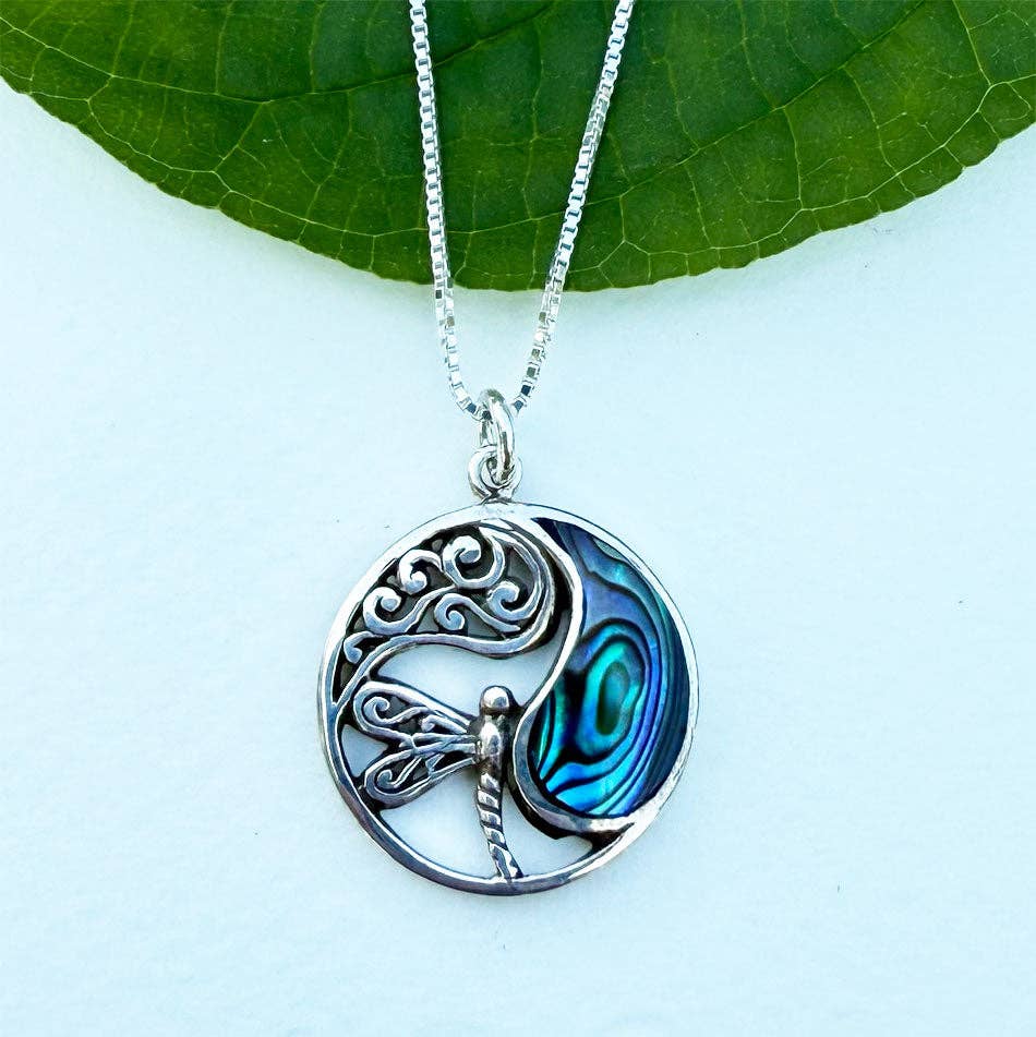 Abalone Dragonfly Circle Necklace - Sterling Silver, Indonesia