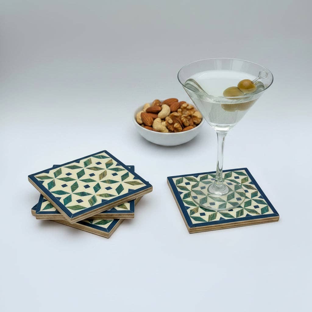 Wood & Mother of Pearl Coaster Set of 4 - Kaleidoscope Blue/Green