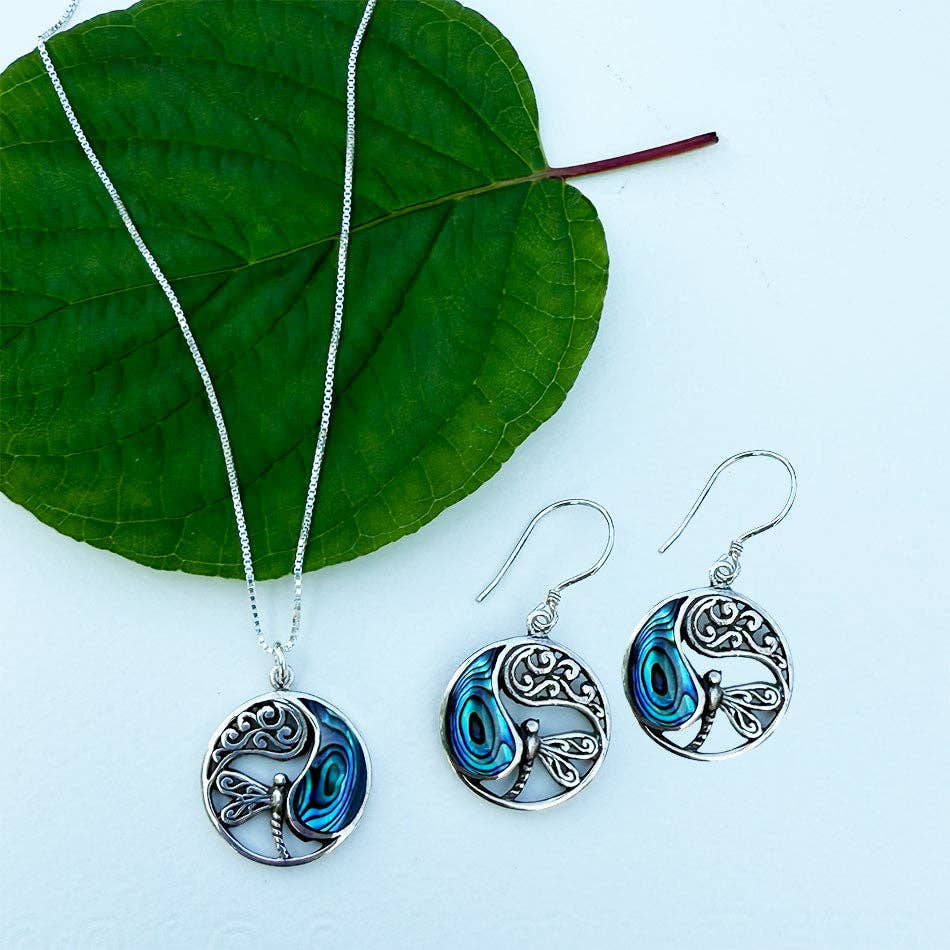Abalone Dragonfly Circle Necklace - Sterling Silver, Indonesia