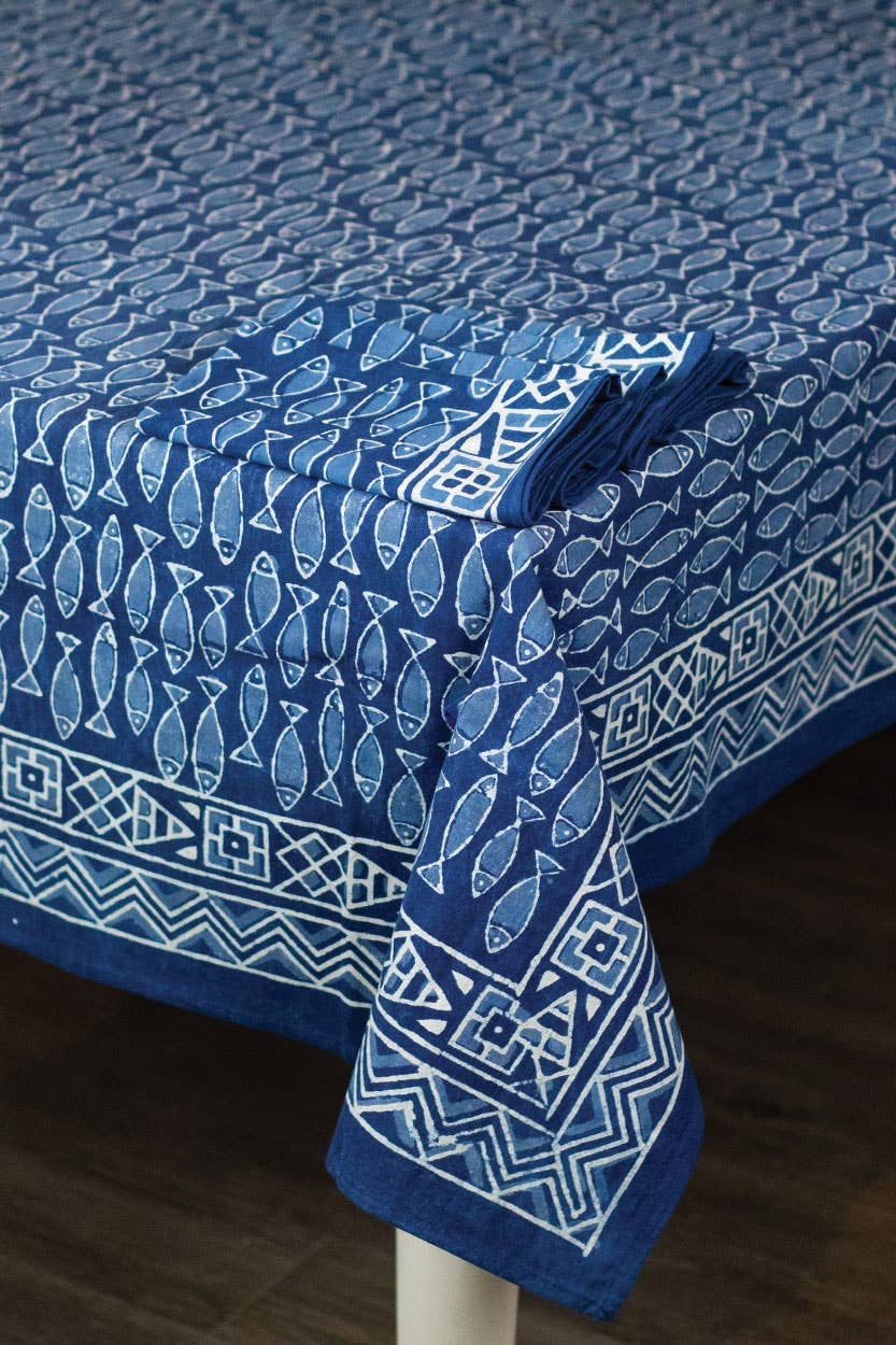 Square Indigo Fish Block Print Tablecloth 62''x62''
