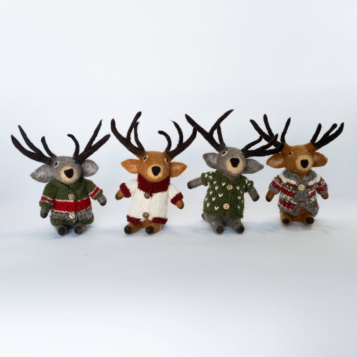 Sitting Reindeer w/ Handknit Sweaters