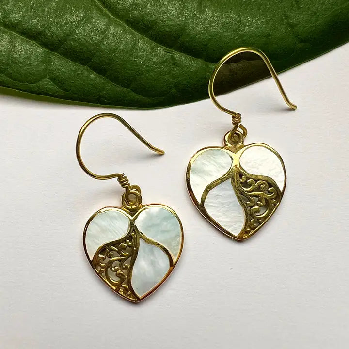 Mother of Pearl Heart Earrings - Brass