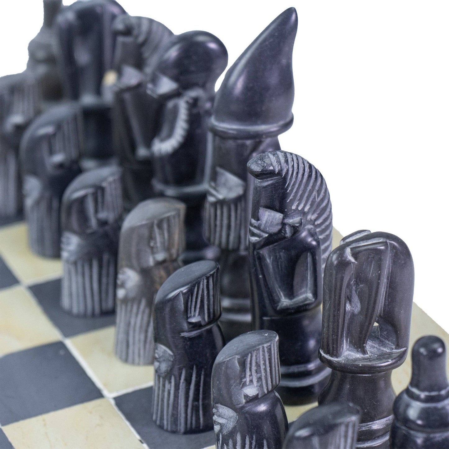 Soapstone Hand-Carved Chess Set w/ Box - African Maasai Tribe Pieces, Grey/Natural