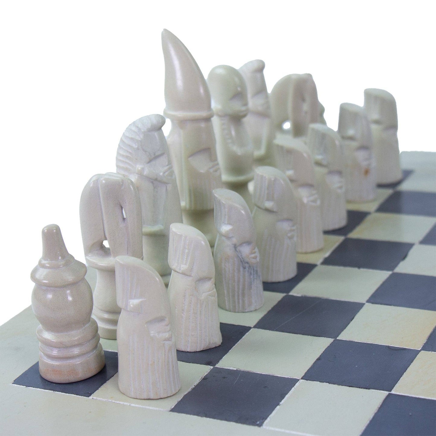 Soapstone Hand-Carved Chess Set w/ Box - African Maasai Tribe Pieces, Grey/Natural