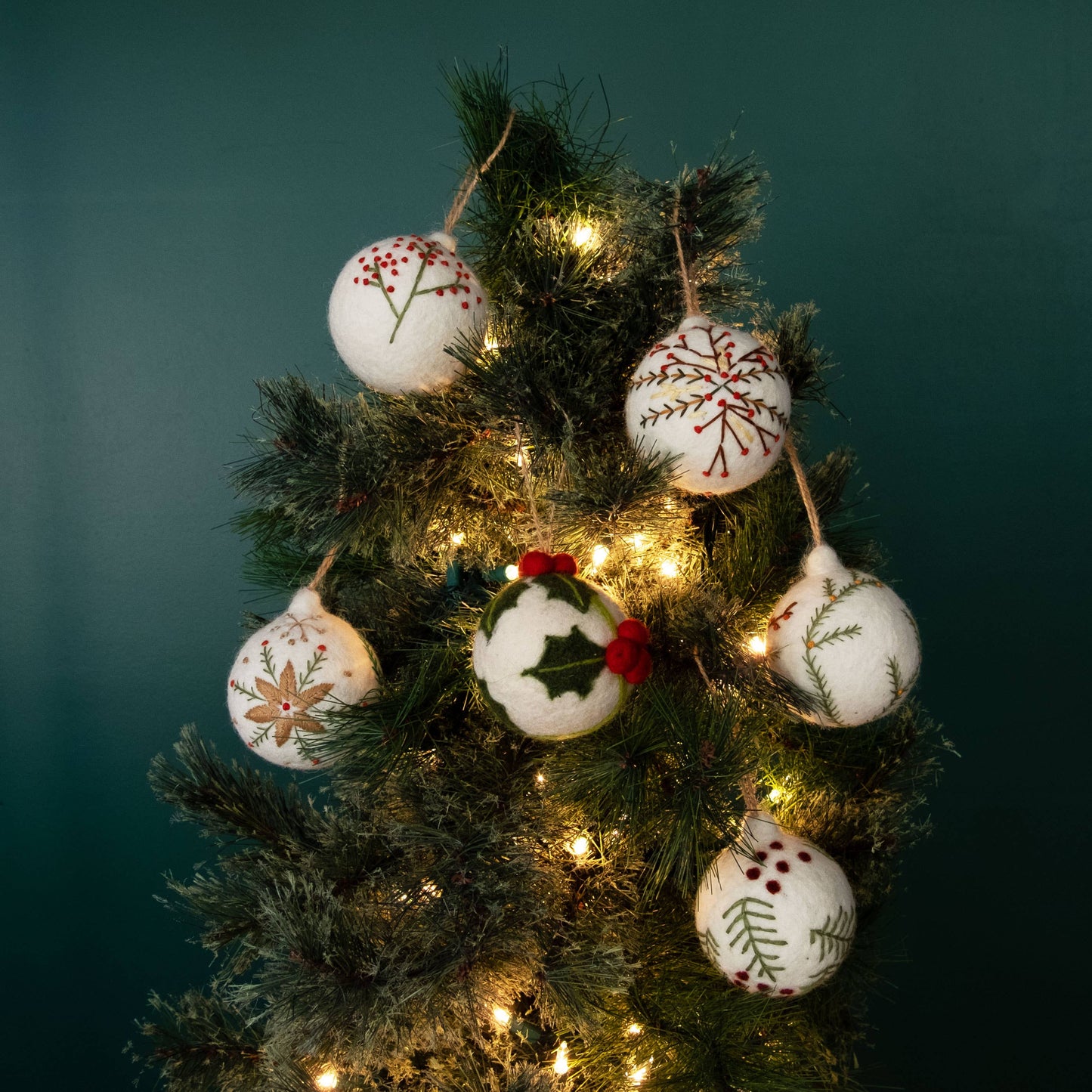 Hand Embroidered Felt Ball Ornament - White, Assorted