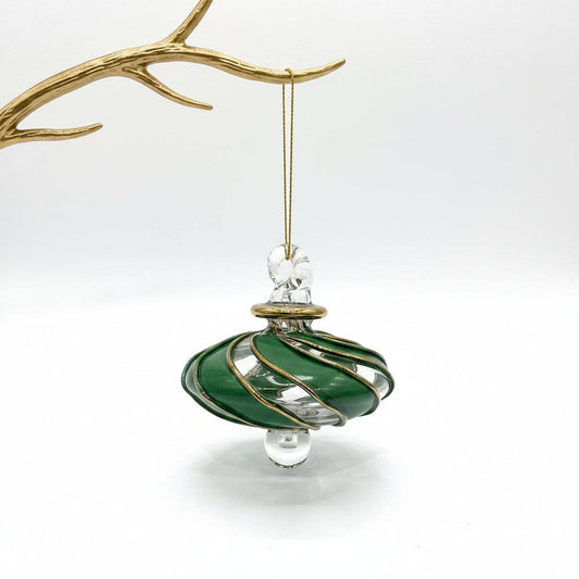 Blown Glass Small Ornament - Swirl Toupie: Green