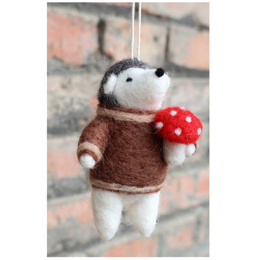 Felt Hedgehog w/ Mushroom Ornament