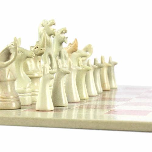 Soapstone Hand-Carved Chess Set  w/ Box  - Safari Animal Pieces, Pink/Natural