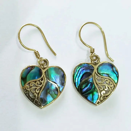 Abalone Heart Earrings - Brass