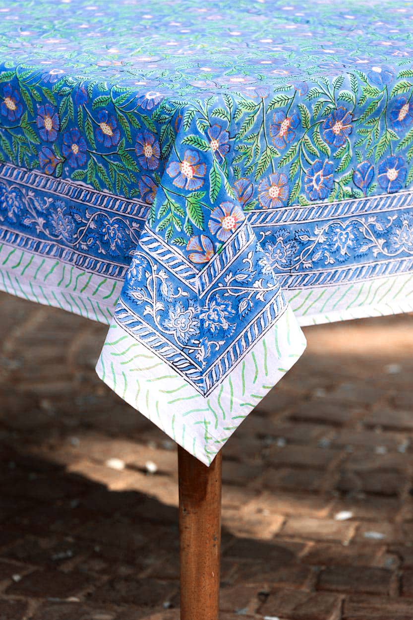 Sage & Blue Block Print Tablecloth 60''x90''