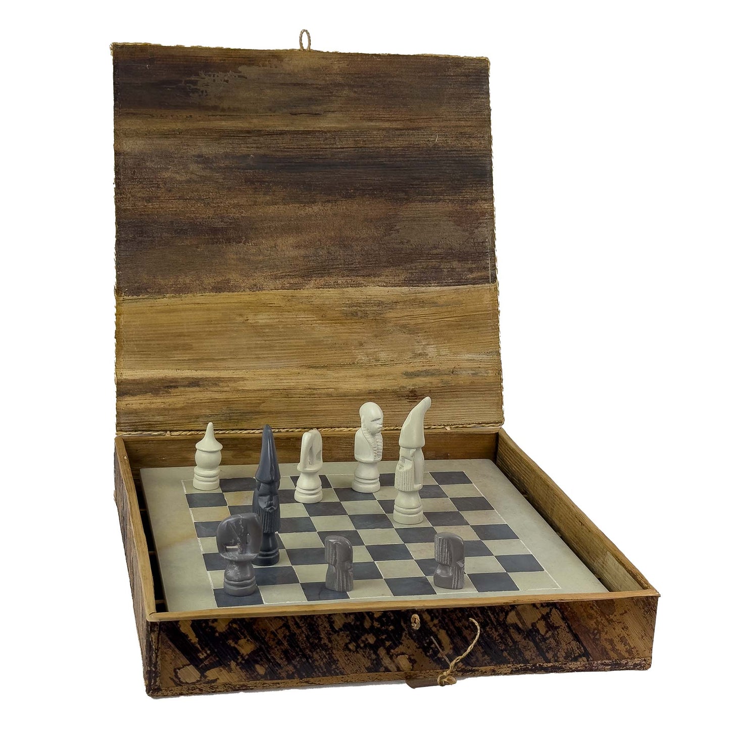 Soapstone Hand-Carved Chess Set w/ Box - African Maasai Tribe Pieces, Grey/Natural