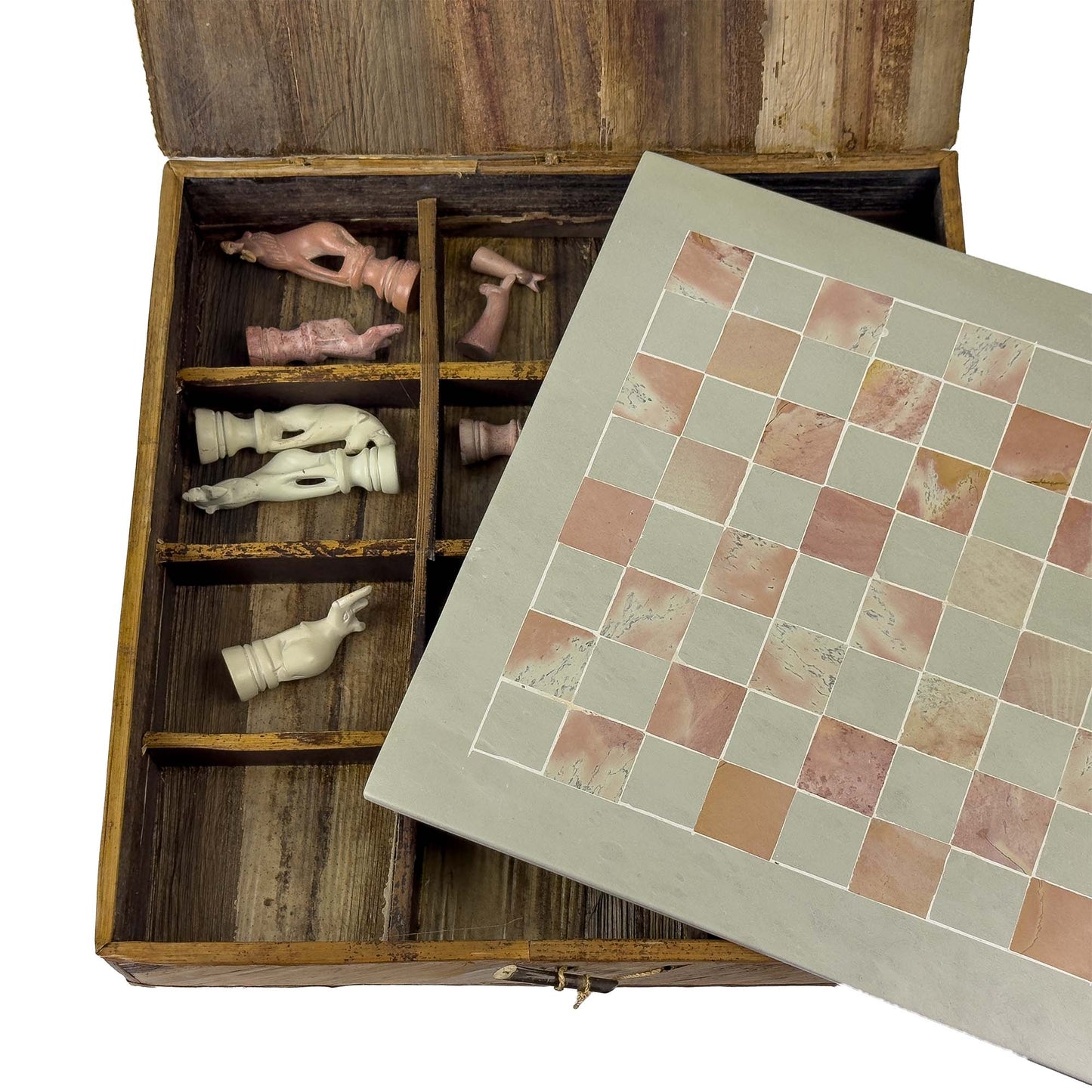 Soapstone Hand-Carved Chess Set  w/ Box  - Safari Animal Pieces, Pink/Natural