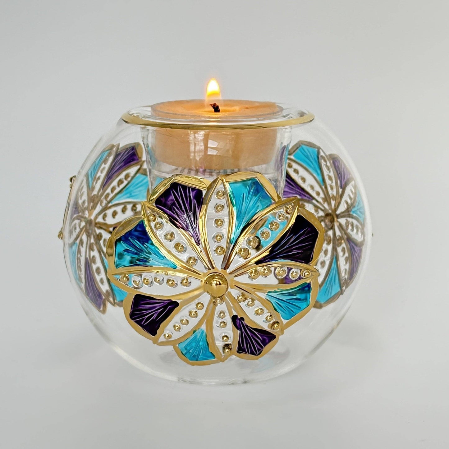 Blown Glass Candleholder - Mauve/Turquoise Flower