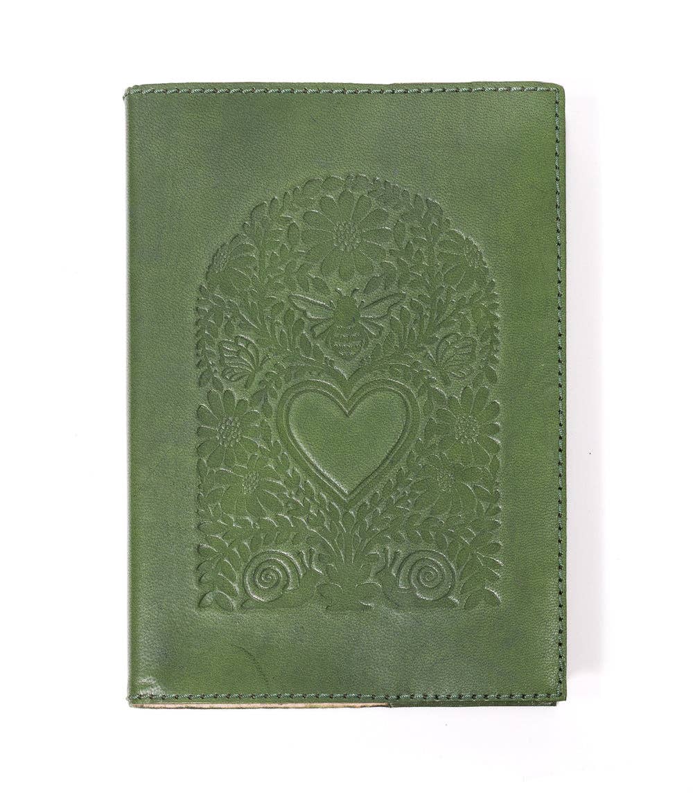 Refillable Leather Journal - Floral Heart Embossed Green