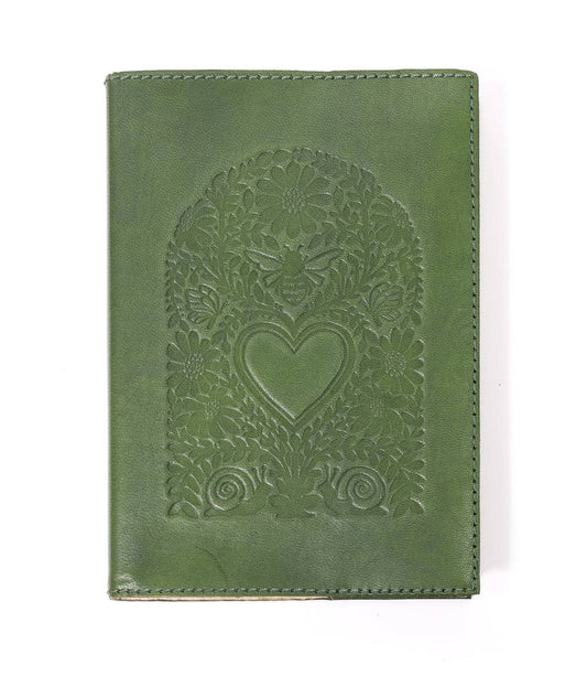 Refillable Leather Journal - Floral Heart Embossed Green