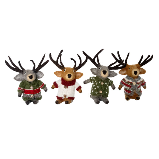 Sitting Reindeer w/ Handknit Sweaters