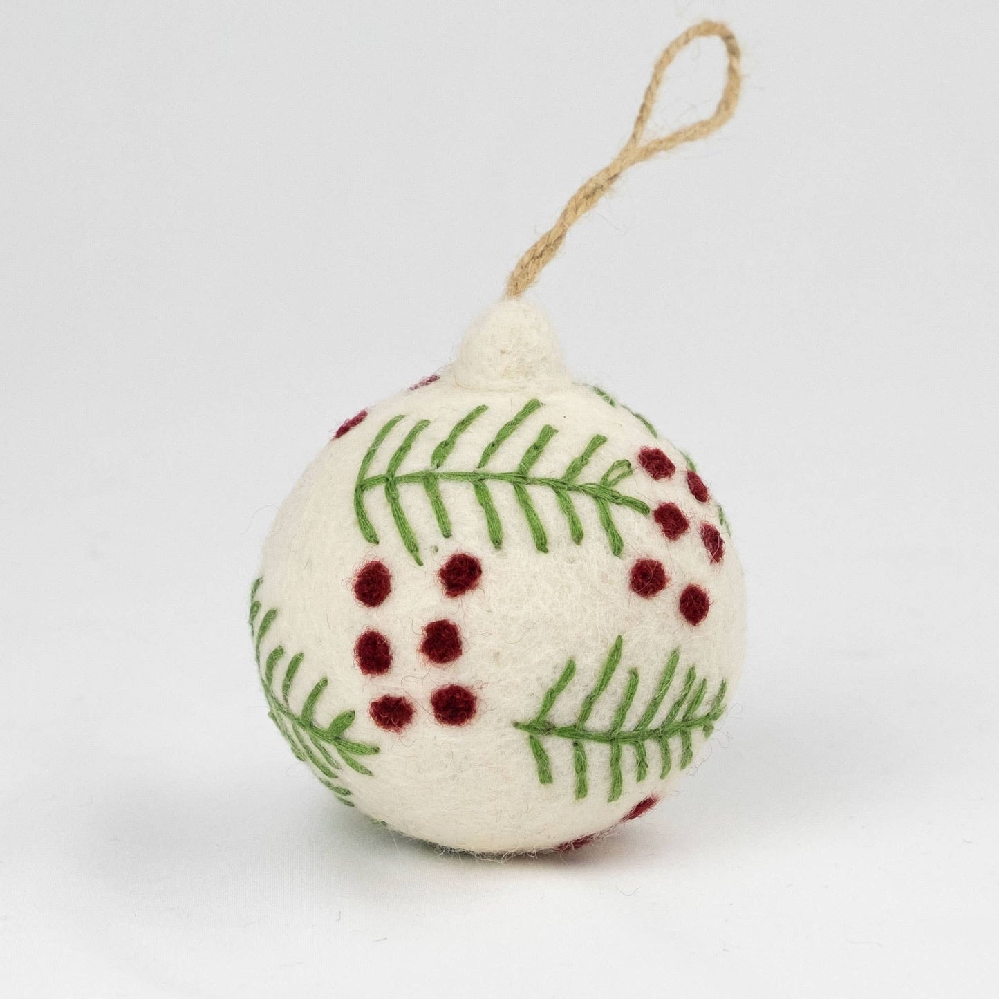 Hand Embroidered Felt Ball Ornament - White, Assorted