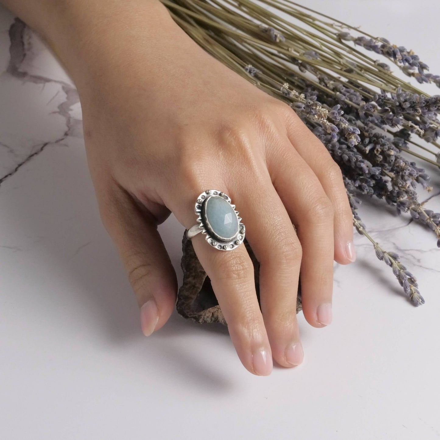 Decorated Sterling Silver Aquamarine Ring
