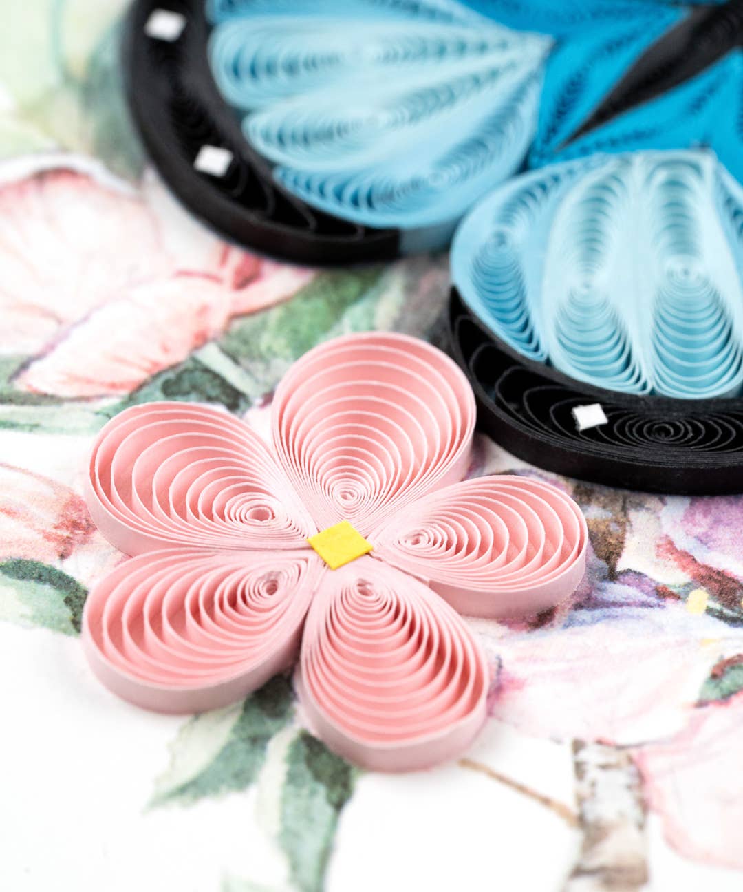 Quilled Blue Butterfly & Pink Flowers Greeting Card