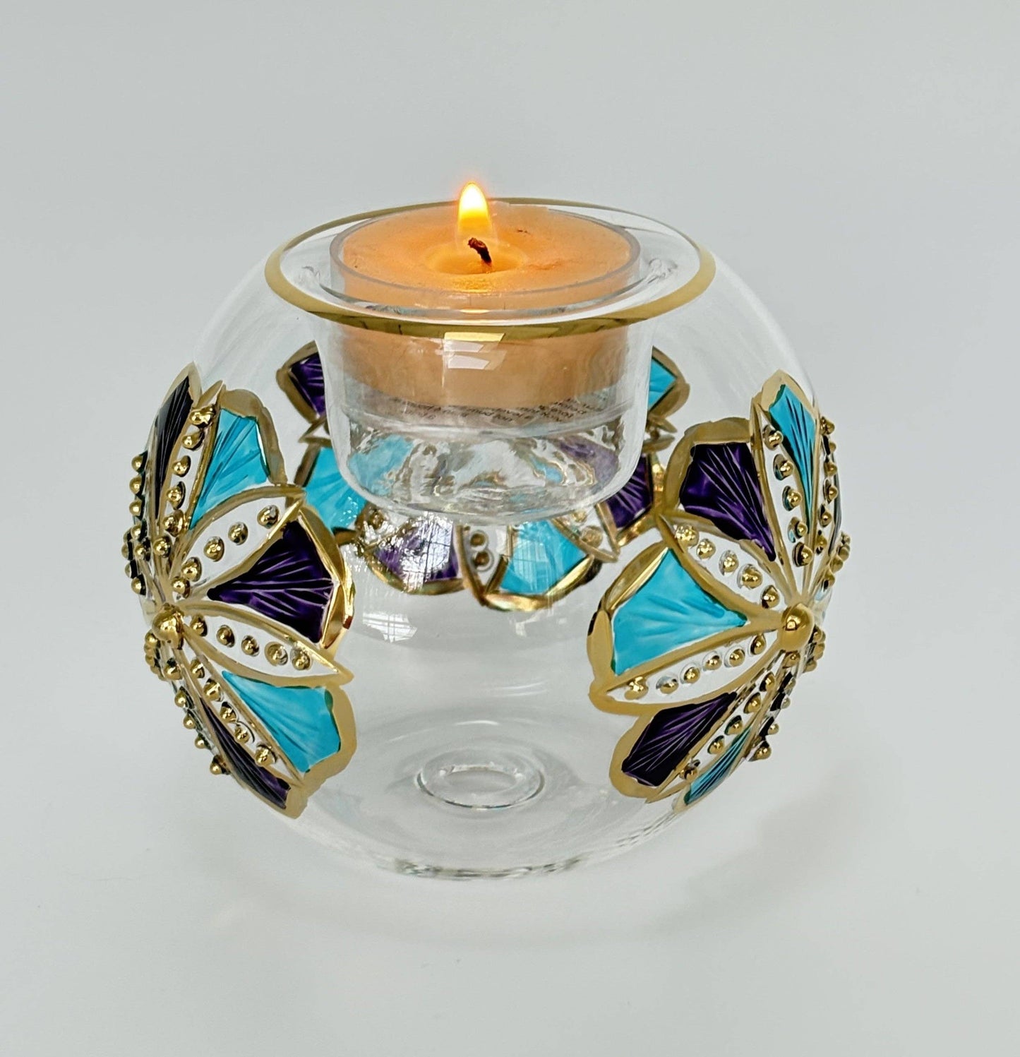 Blown Glass Candleholder - Mauve/Turquoise Flower