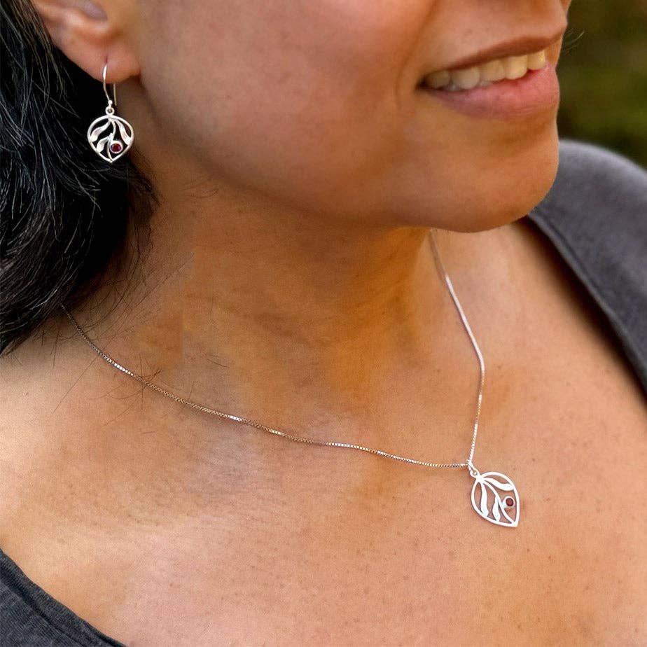 Whispering Leaf Earrings, Garnet - Sterling Silver