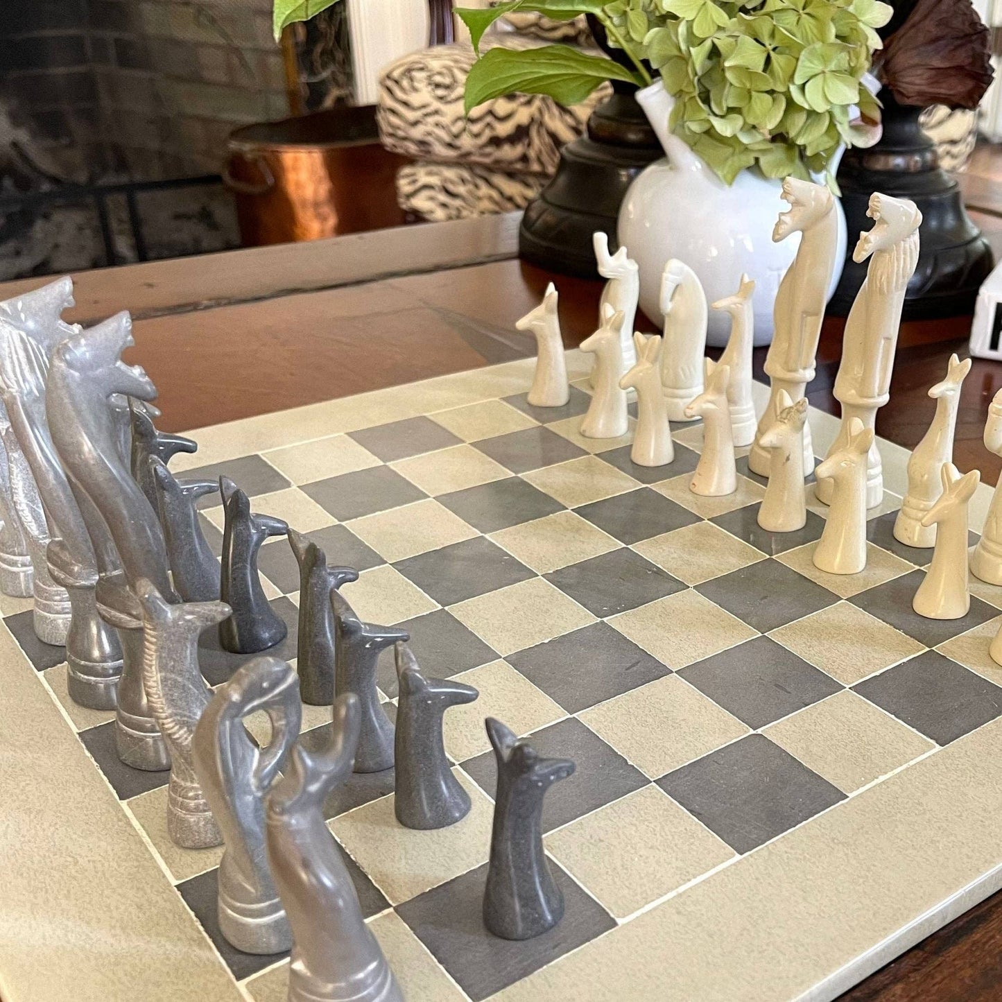 Soapstone Hand-Carved Chess Set w/ Box - Safari Animal Pieces, Grey/Natural