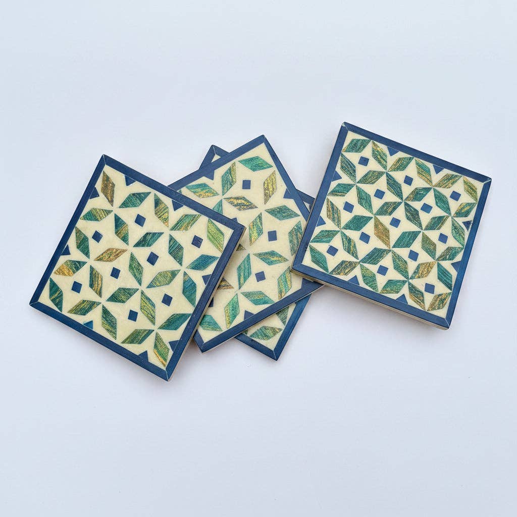 Wood & Mother of Pearl Coaster Set of 4 - Kaleidoscope Blue/Green