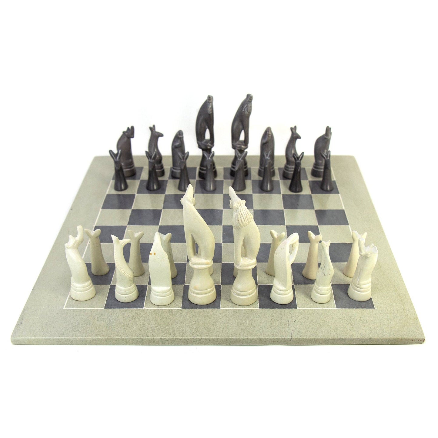 Soapstone Hand-Carved Chess Set w/ Box - Safari Animal Pieces, Grey/Natural