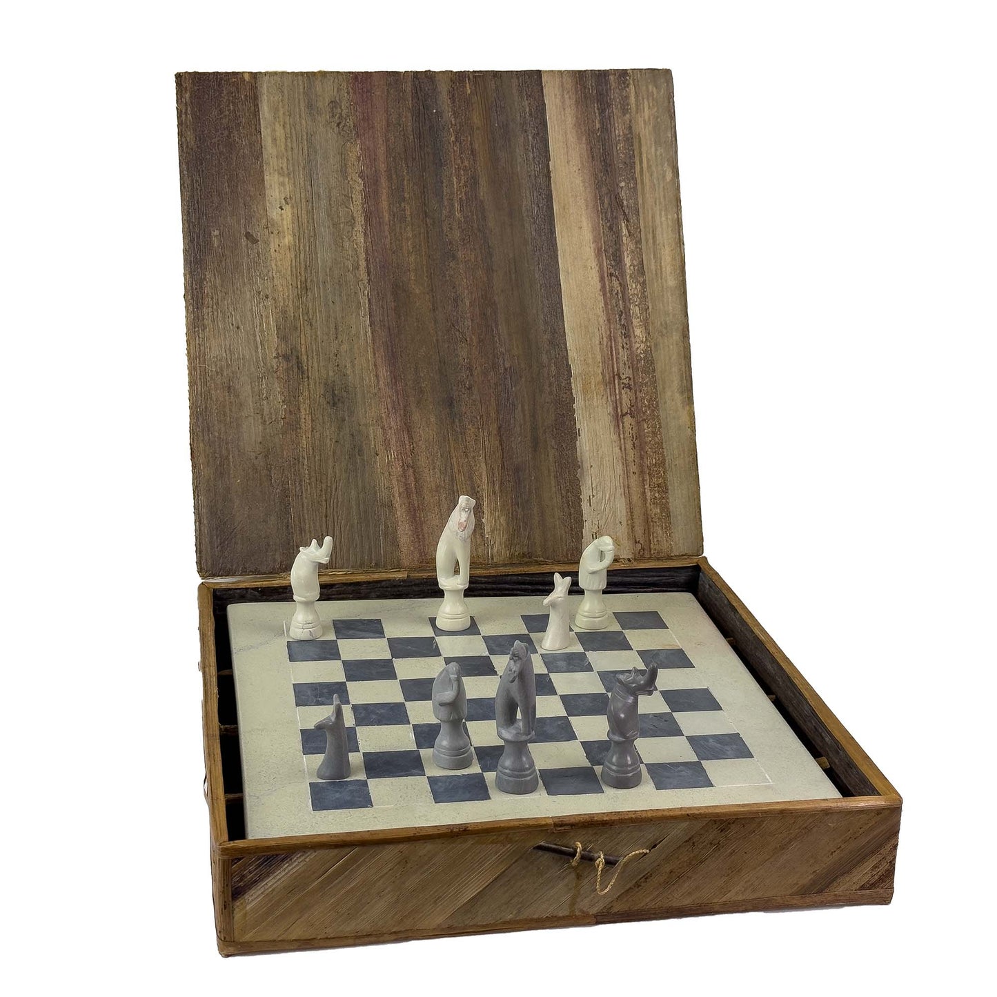 Soapstone Hand-Carved Chess Set w/ Box - Safari Animal Pieces, Grey/Natural