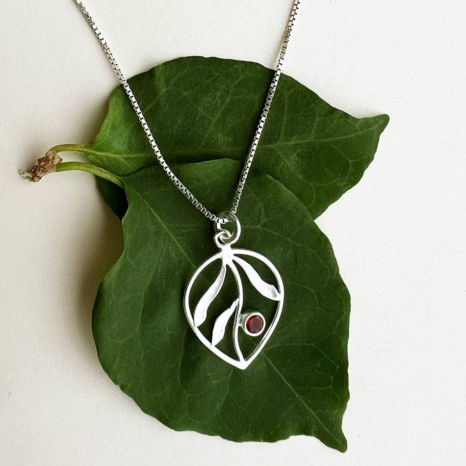 Whispering Leaf Necklace, Garnet - Sterling Silver
