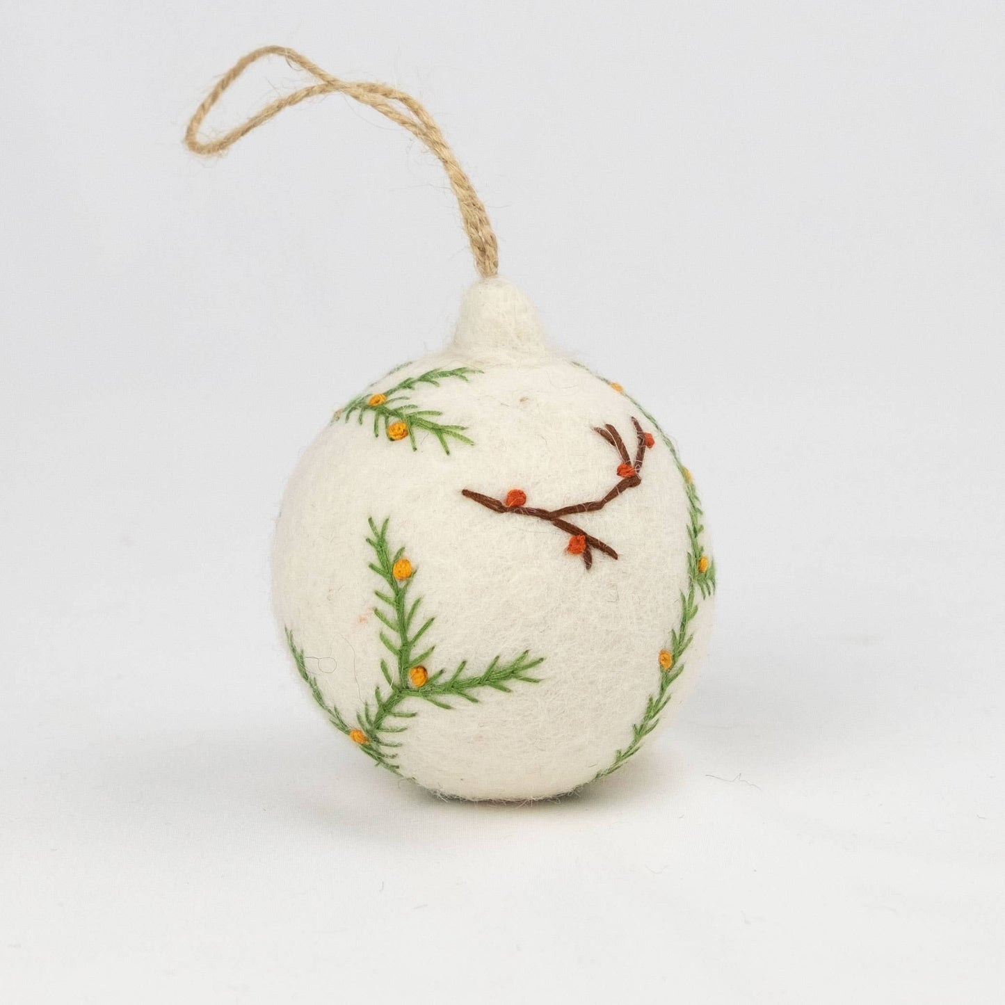 Hand Embroidered Felt Ball Ornament - White, Assorted