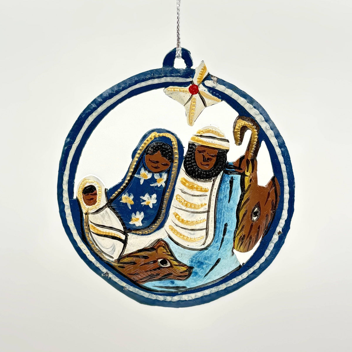 Upcycled Metal Nativity Ornament - Blue & Yellow Medallion