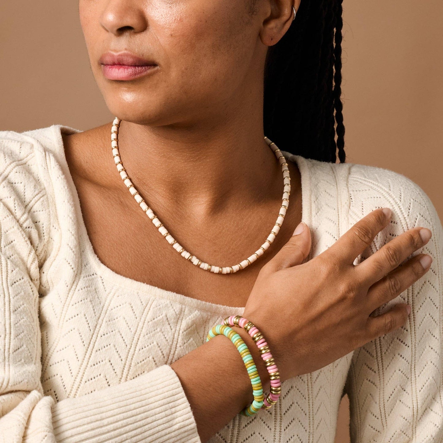 Kira Bead Necklace - Tan+Gold