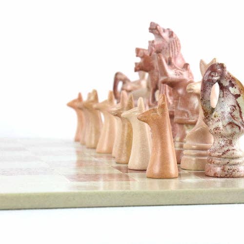 Soapstone Hand-Carved Chess Set  w/ Box  - Safari Animal Pieces, Pink/Natural