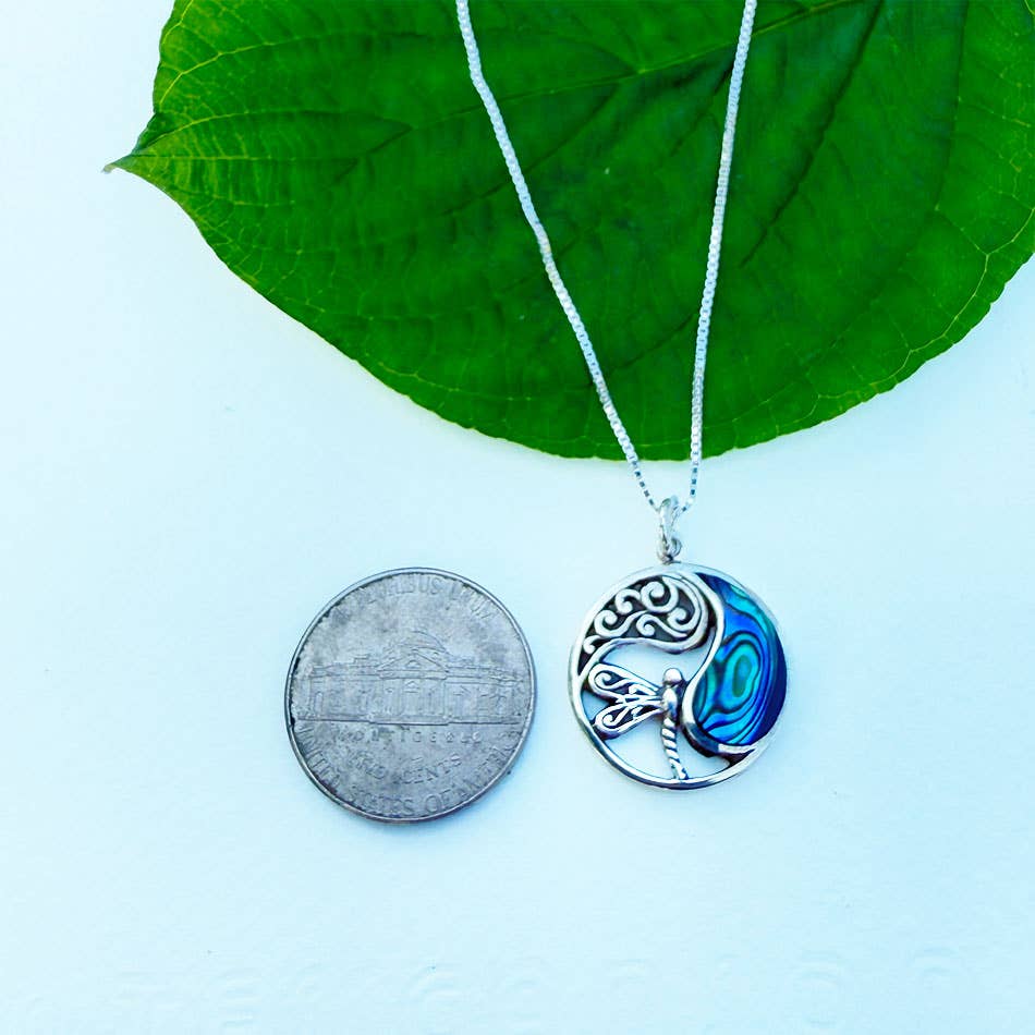Abalone Dragonfly Circle Necklace - Sterling Silver, Indonesia