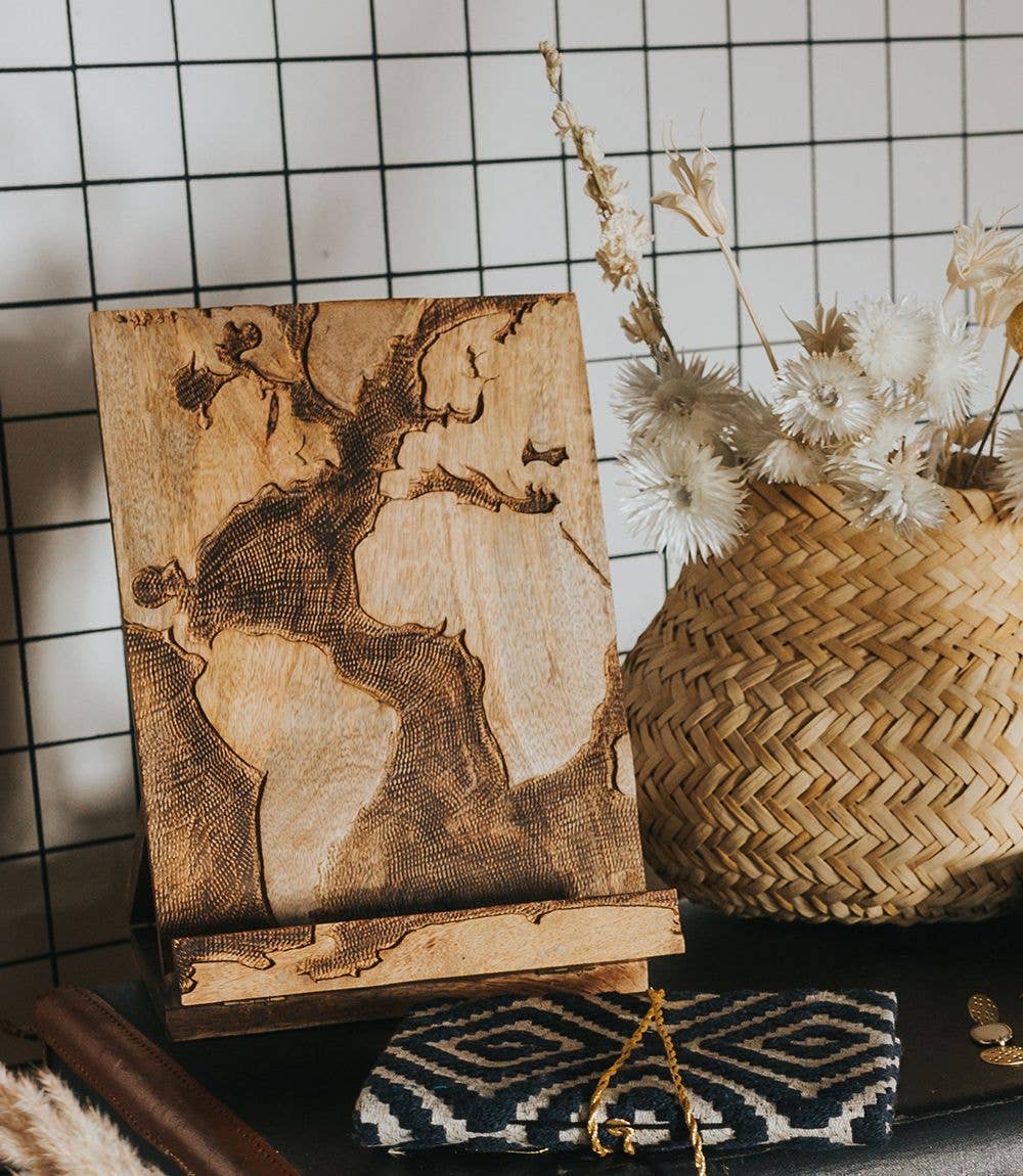 World Map Book Stand Tablet Holder - Hand Carved Wood