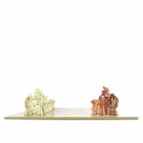 Soapstone Hand-Carved Chess Set  w/ Box  - Safari Animal Pieces, Pink/Natural