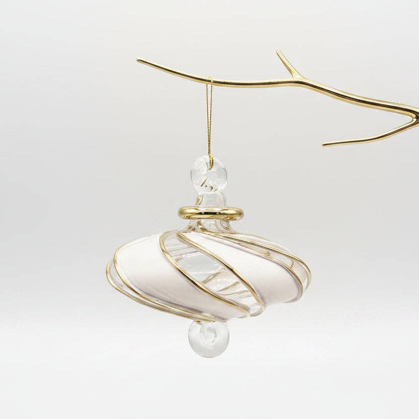 Blown Glass Small Ornament - Swirl Toupie: White