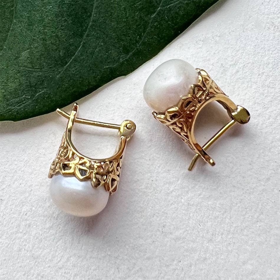 Filigree Pearl Earrings - Brass