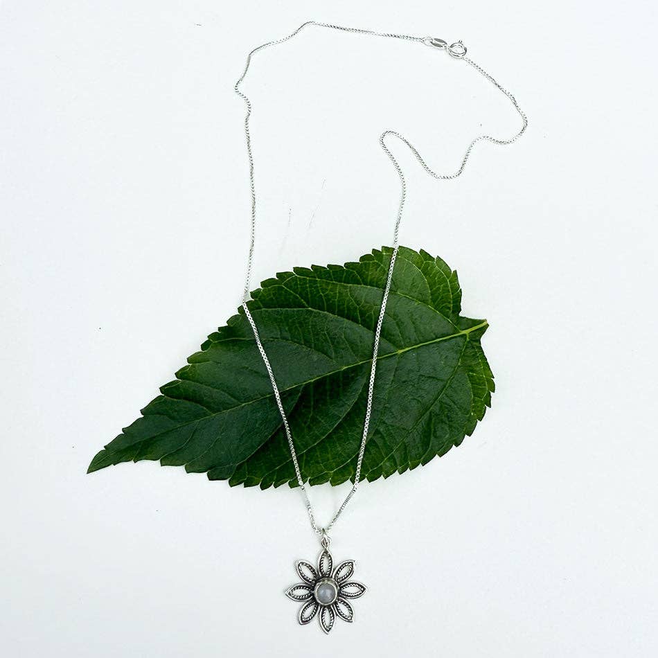 Rainbow Moonstone Flower Necklace - Sterling Silver