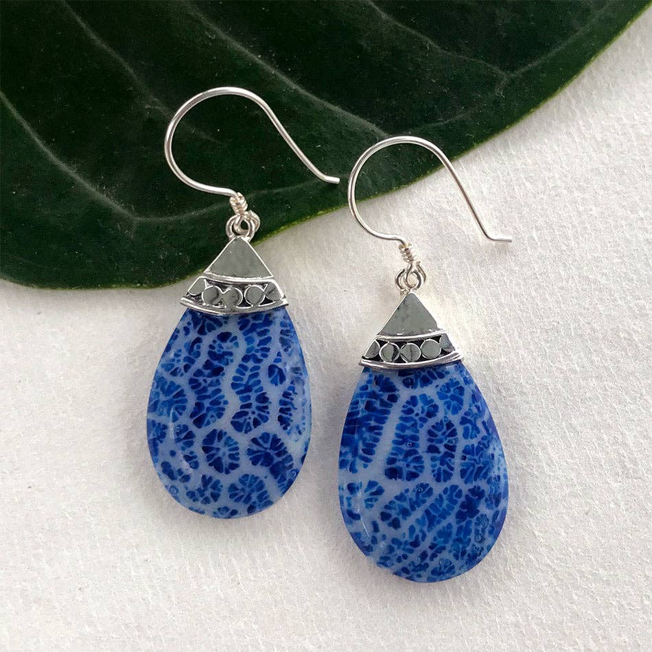 Blue Coral Teardrop Earrings - Sterling Silver