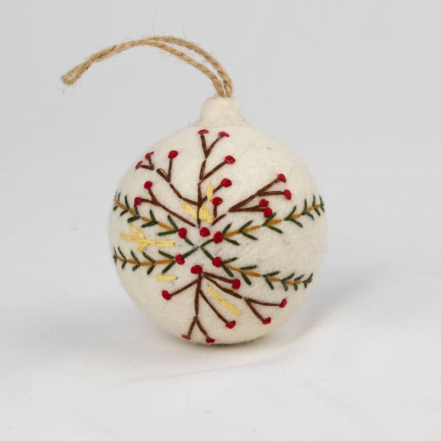 Hand Embroidered Felt Ball Ornament - White, Assorted